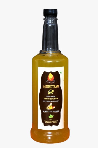 Ultra Virgin 100% Wood Pressed Groundnut Oil by Agnihotram, pure, organic, and ideal for cooking and wellness.
